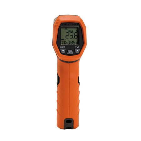 Rear-facing view of the Klein Tools IR5 temperature gun. The high-contrast display is active, showing a reading of 23.6 degrees Celsius and an emissivity setting of 0.95, illustrating the clear visibility of the screen for professional diagnostics.