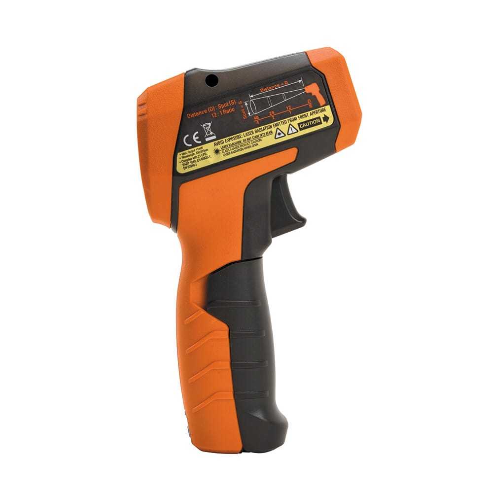 Full side-view silhouette of the IR5 dual-laser thermometer. This view highlights the "Klein Tough" over-molded grip and the trigger mechanism, as well as the safety and compliance certification markings on the side of the scanner housing.