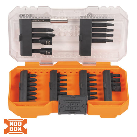 Klein Tools 33800 35-piece impact driver bit set organized in an open MODbox case showing 25 bits, nut drivers, and 3-inch magnetic extension.
