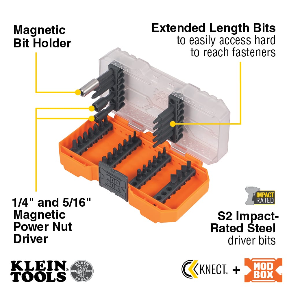 Diagram highlighting features of the Klein 33800 kit, including S2 impact steel bits, 1/4 and 5/16 inch nut drivers, and magnetic bit holder.