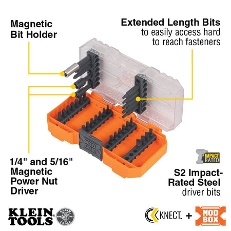 Diagram highlighting features of the Klein 33800 kit, including S2 impact steel bits, 1/4 and 5/16 inch nut drivers, and magnetic bit holder.