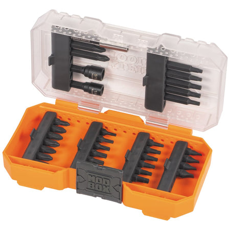 Klein 33800 bit set in an open orange MODbox case showing removable rubber bit bars for customized field organization.