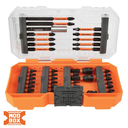 Klein 33801 40-piece ProFlex impact bit set neatly organized in an open MODbox case showing bits and magnetic nut drivers.