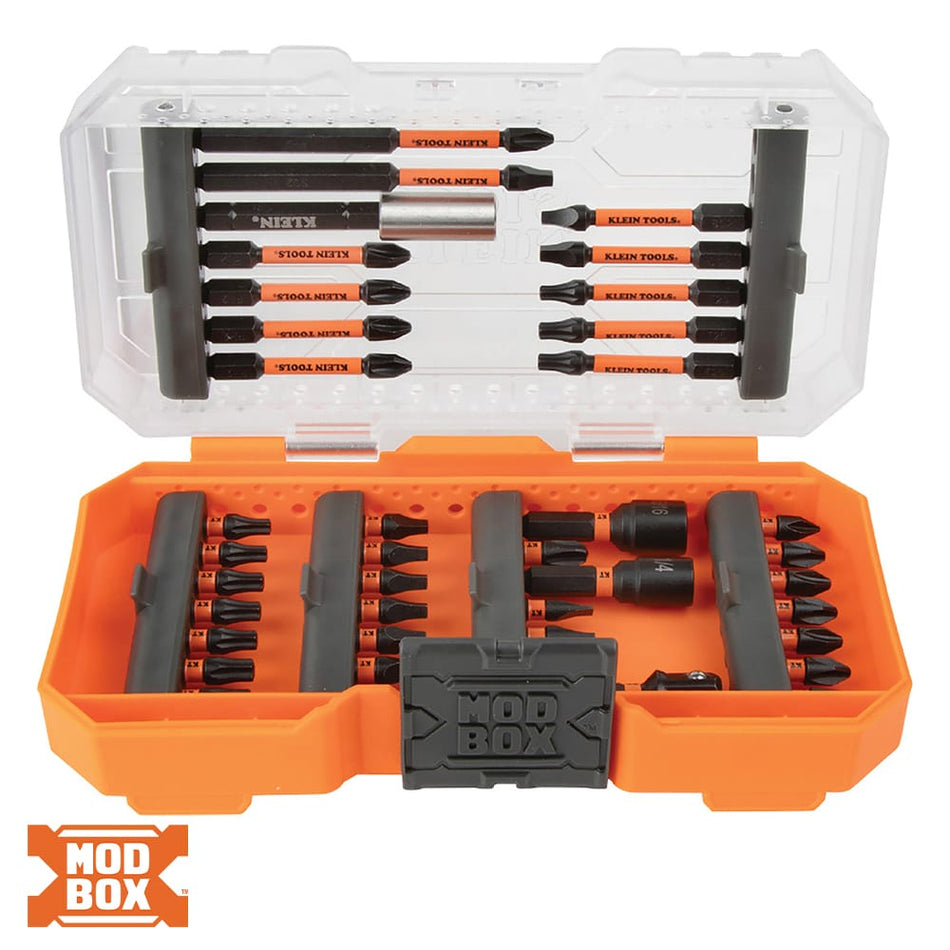 Klein 33801 40-piece ProFlex impact bit set neatly organized in an open MODbox case showing bits and magnetic nut drivers.