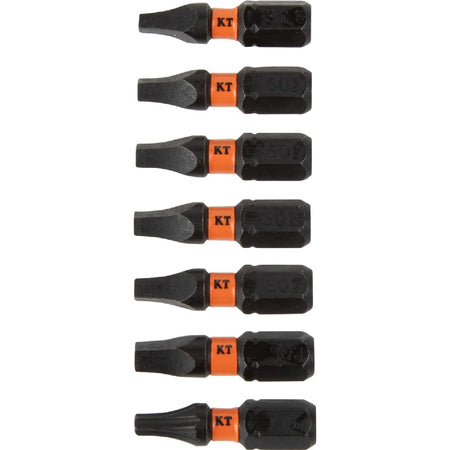 Seven S2 steel Robertson square drive and TORX insert bits showing laser-stamped size markings for quick identification.