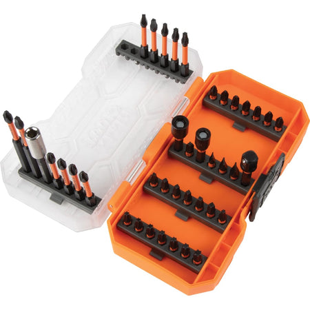 Klein Tools 33801 ProFlex 40-piece bit set in an open MODbox case with tilt-up rubber rails for easy bit selection and organization.