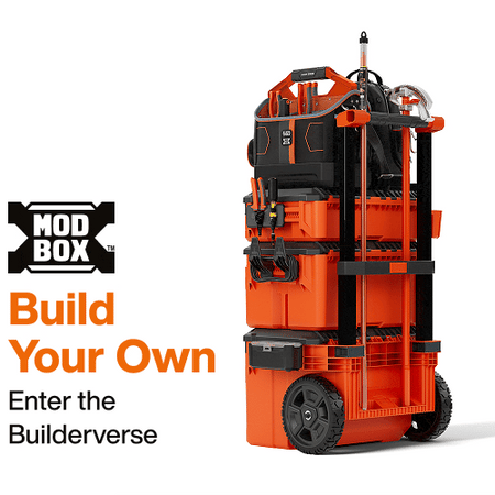 Klein MODbox modular rolling tool storage stack demonstrating custom jobsite organization with interlocked hard cases and tool tote bags.