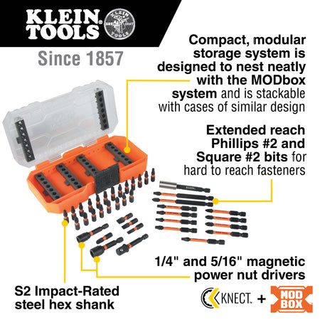 Diagram highlighting key features of the Klein 33801 kit, including S2 impact steel bits, nut drivers, and MODbox integration.