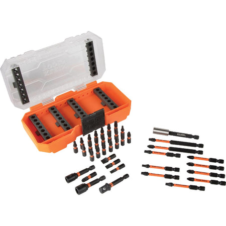 Klein 33801 impact driving components laid out beside an open MODbox storage case showing all 40 pieces and extension shaft.