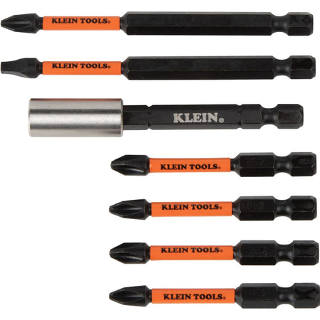 Selection of extended power bits and a magnetic bit extension holder from the Klein 33801 set displaying laser-etched sizes.