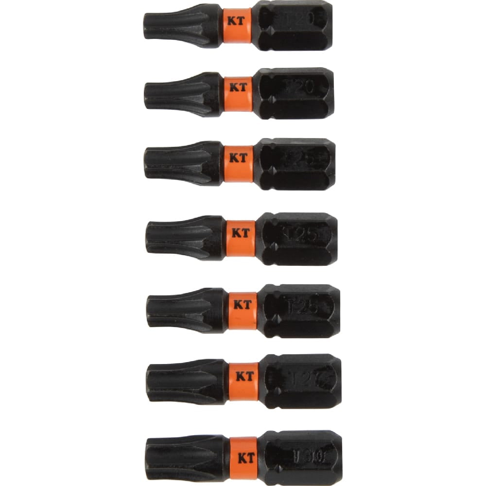 Seven S2 steel 1-inch insert bits displaying precision ground TORX star drive profiles ranging from T15 to T30.