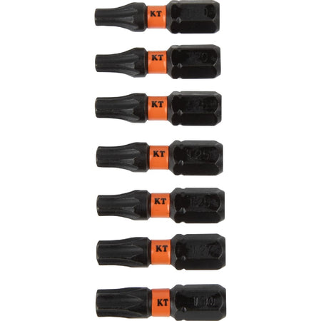 Seven S2 steel 1-inch insert bits displaying precision ground TORX star drive profiles ranging from T15 to T30.