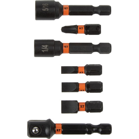 Klein magnetic nut drivers, slotted insert bits, and a 3/8-inch square impact socket adapter with 1/4-inch hex shanks.