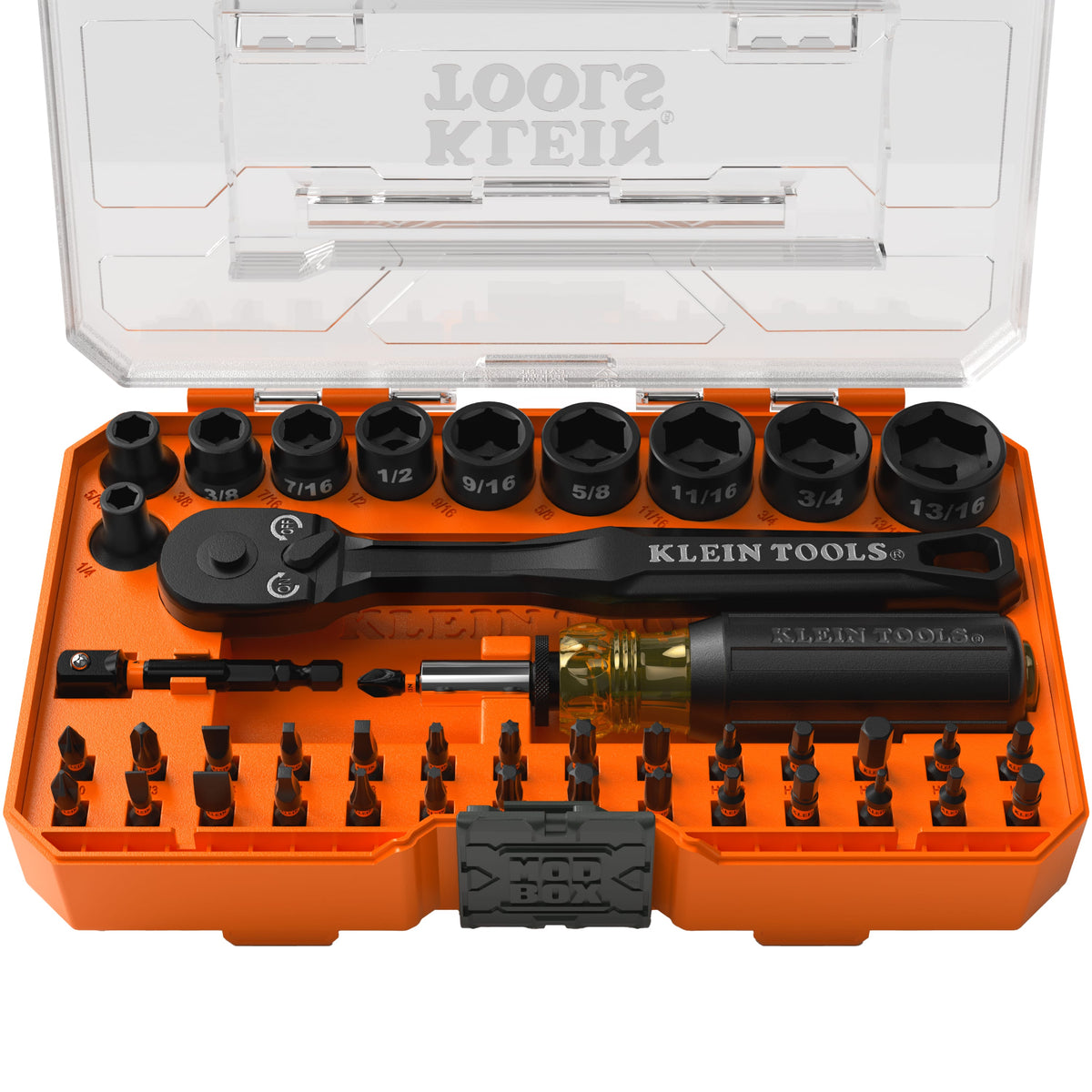 Klein 33806 43-piece ProFlex impact set inside an open MODbox case showing 10 SAE sockets, 3/8-inch ratchet, magnetic handle, and 29 driver bits.