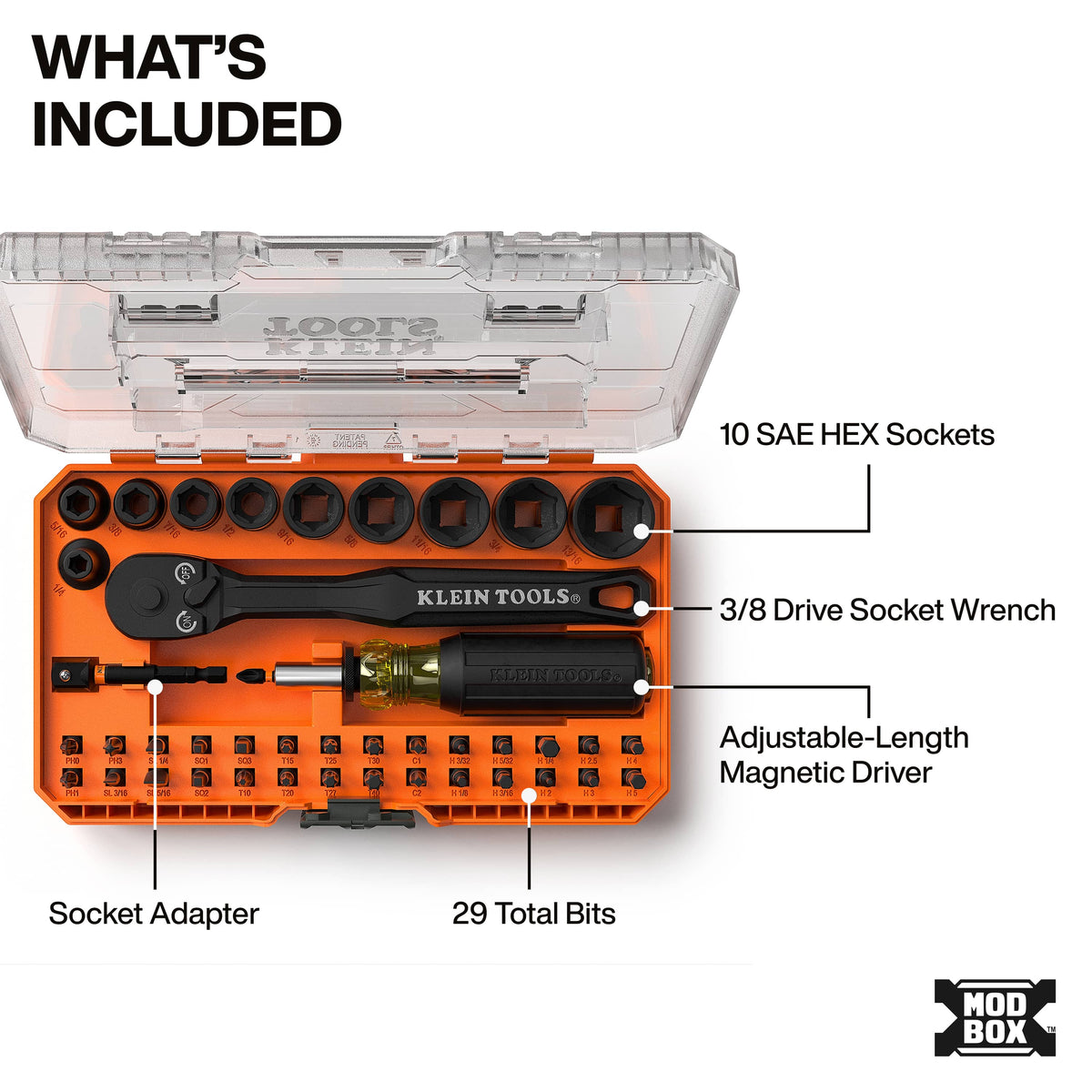 Diagram detailing included items in the Klein 33806 kit, featuring 10 SAE sockets, 3/8-inch wrench, magnetic driver, adapter, and 29 S2 steel bits.
