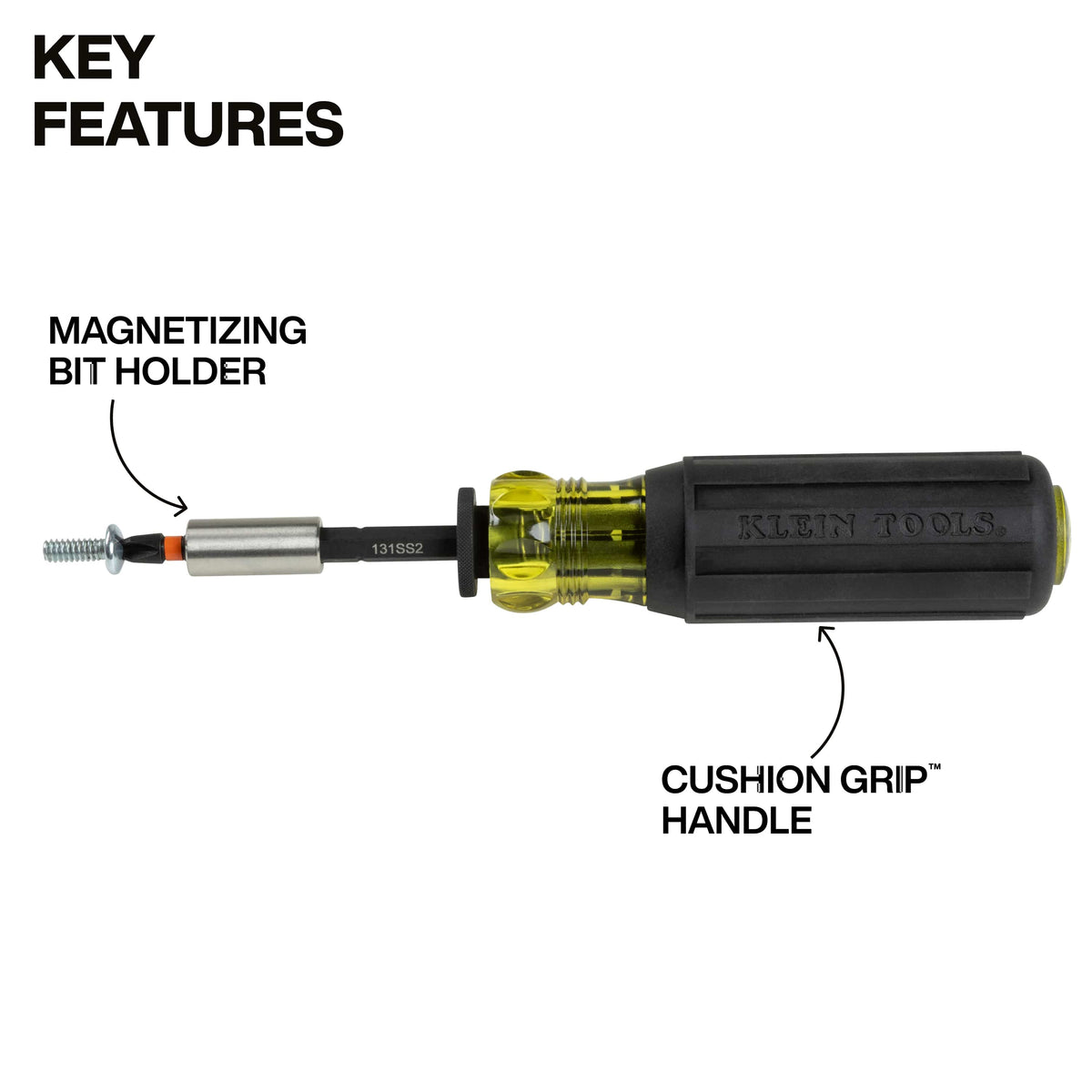 Diagram of the Klein Cushion-Grip screwdriver handle highlighting the magnetizing bit holder securing a small metal screw during manual driving.