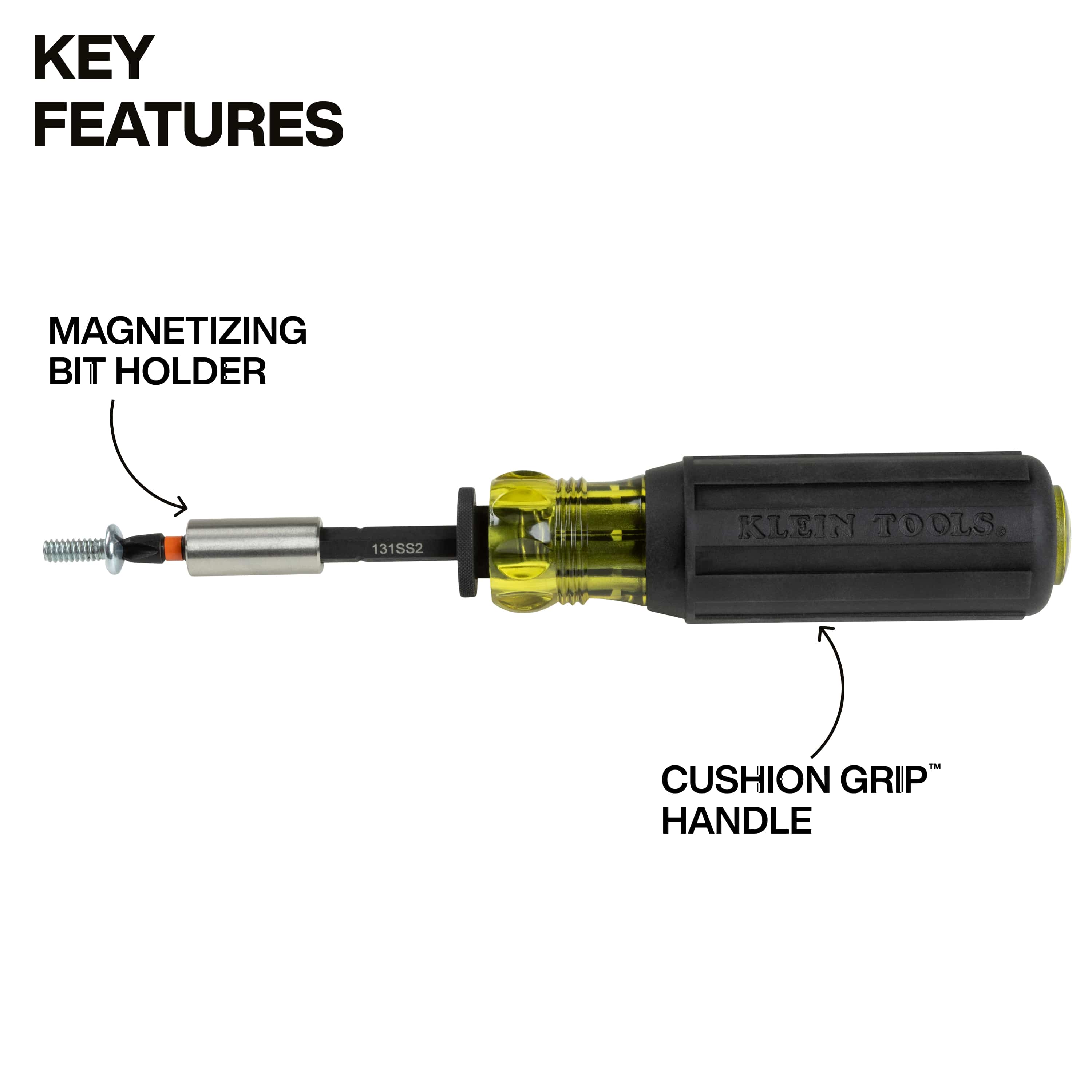 Diagram of the Klein Cushion-Grip screwdriver handle highlighting the magnetizing bit holder securing a small metal screw during manual driving.