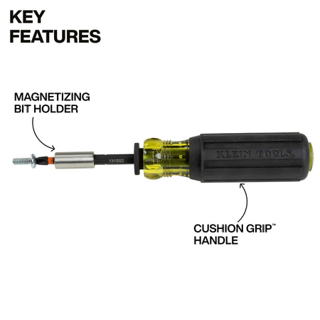 Diagram of the Klein Cushion-Grip screwdriver handle highlighting the magnetizing bit holder securing a small metal screw during manual driving.