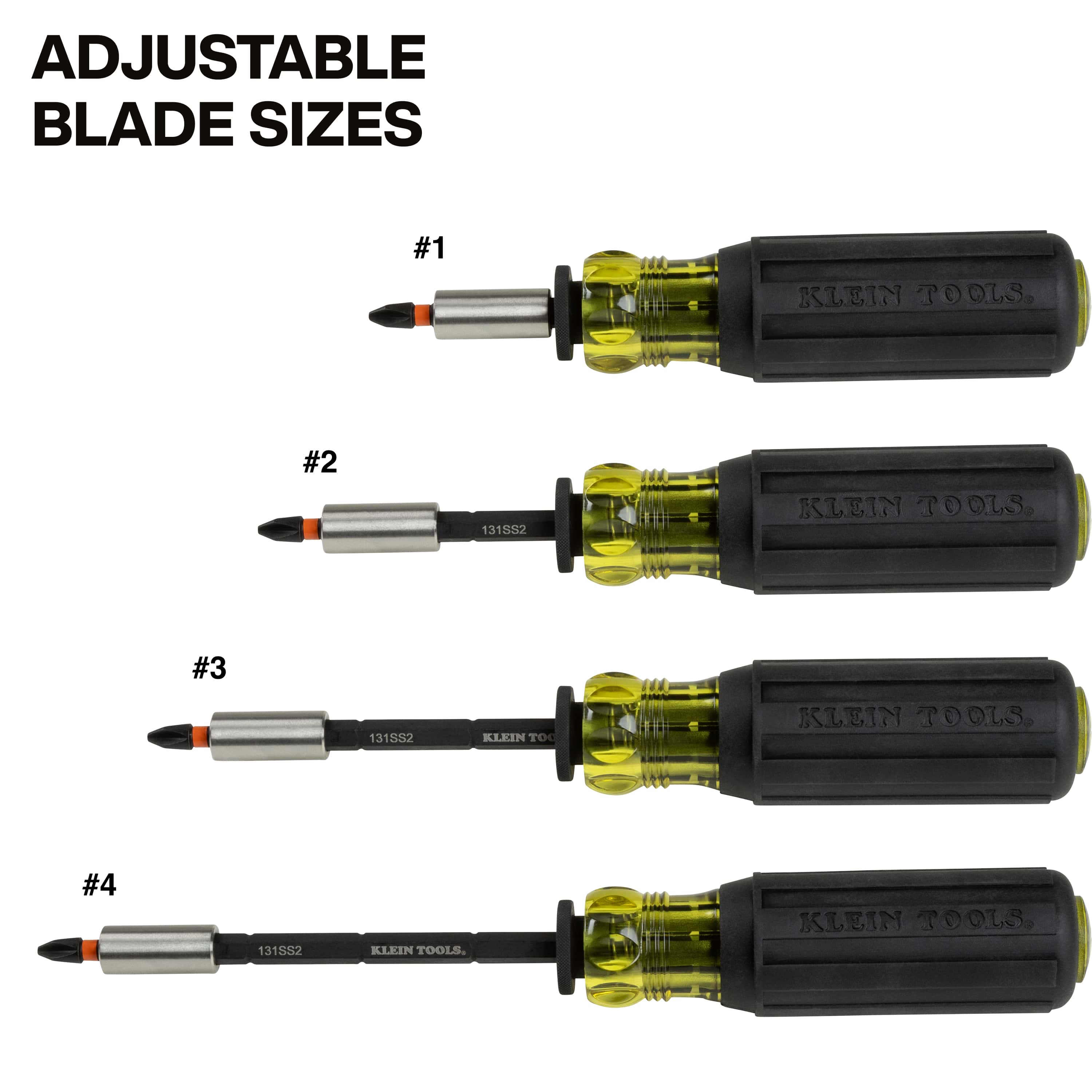 Diagram displaying four adjustable blade lengths for the Klein magnetic screwdriver shank to access fasteners at varying clearance depths.