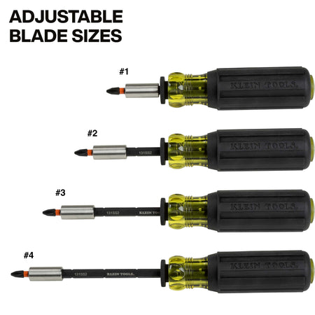 Diagram displaying four adjustable blade lengths for the Klein magnetic screwdriver shank to access fasteners at varying clearance depths.