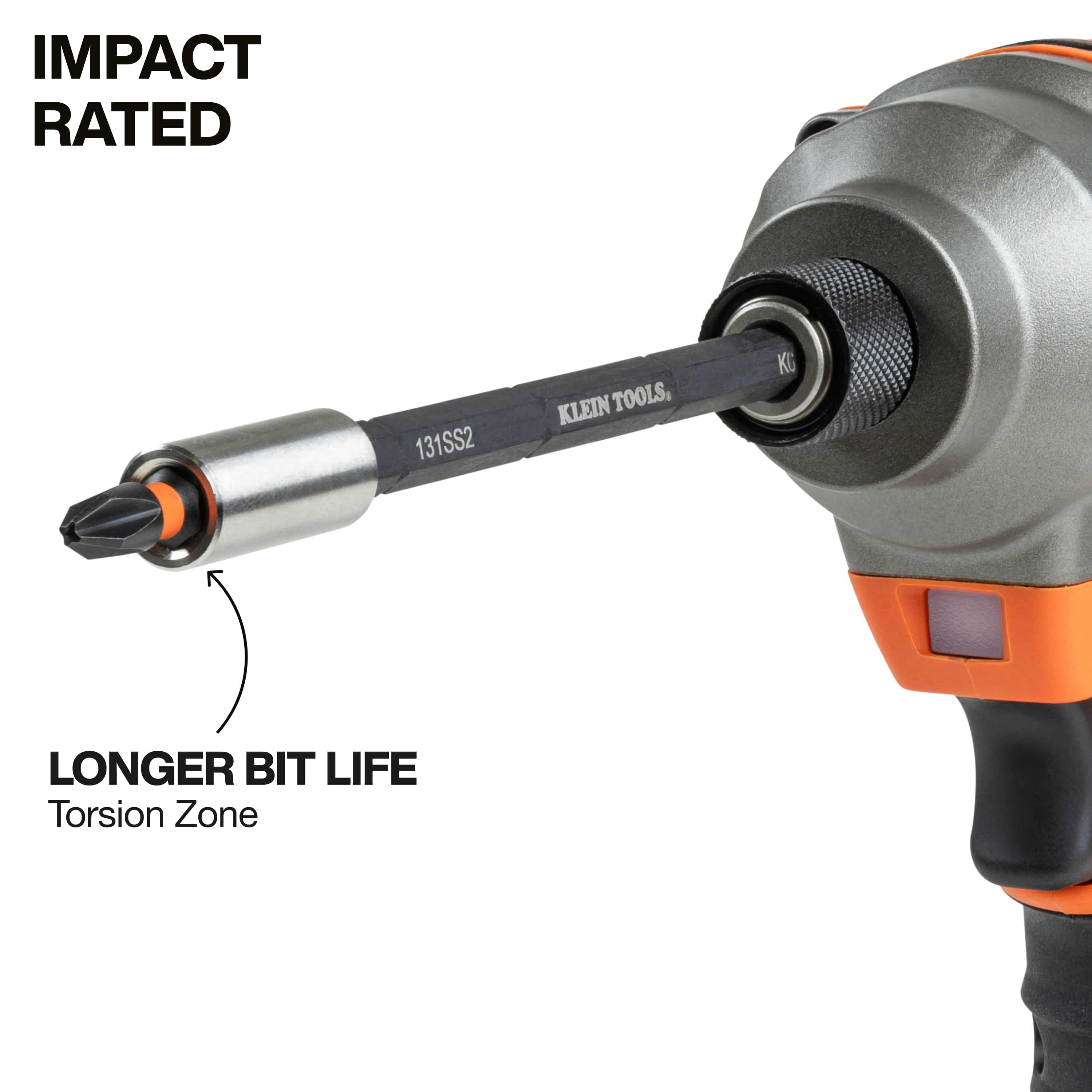 Power impact driver fitted with a Klein S2 steel ProFlex torsion bit designed to absorb high torque spikes for extended bit service life.