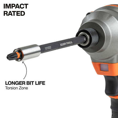 Power impact driver fitted with a Klein S2 steel ProFlex torsion bit designed to absorb high torque spikes for extended bit service life.