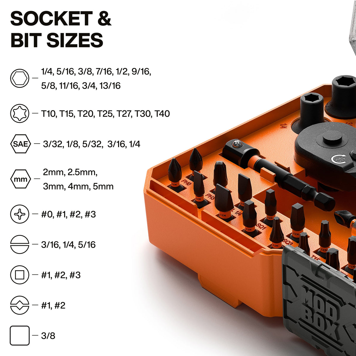 Diagram summarizing bit profiles and socket dimensions in the Klein 33806 kit, including SAE sockets, TORX, slotted, Phillips, square, and hex tips.