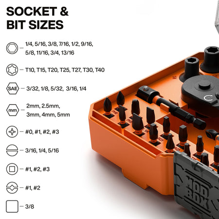 Diagram summarizing bit profiles and socket dimensions in the Klein 33806 kit, including SAE sockets, TORX, slotted, Phillips, square, and hex tips.