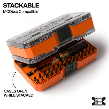 Klein MODbox modular bit cases stacked together, illustrating how the clear lids open independently without removing the top case.