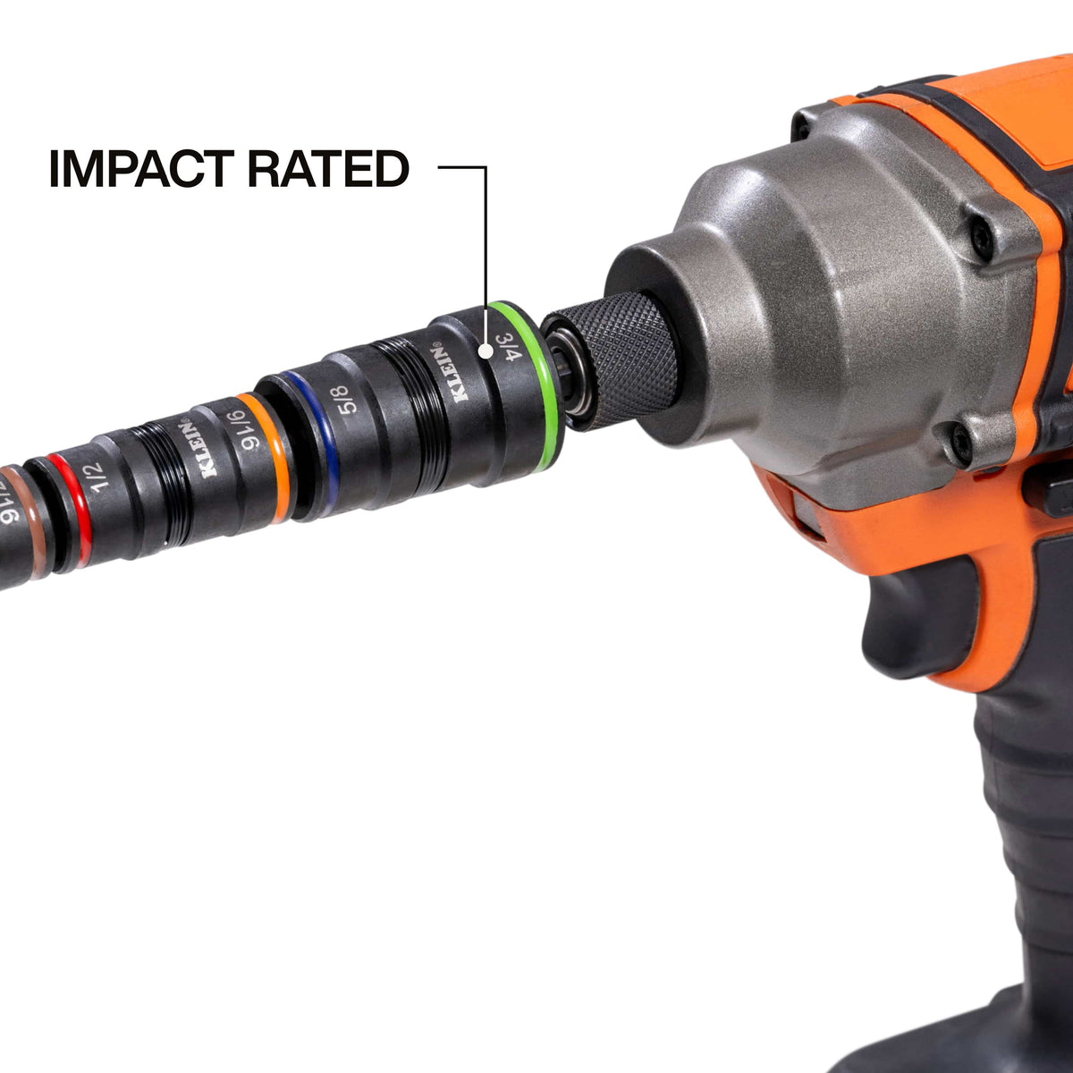 Klein Tools 32934 impact-rated flip socket set locks into a cordless impact driver chuck for high-torque mechanical applications.
