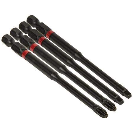 Klein 32795 4-pack of 4-inch S2 steel power bits showing two Phillips #2 and two Robertson square #2 tips with red code bands.