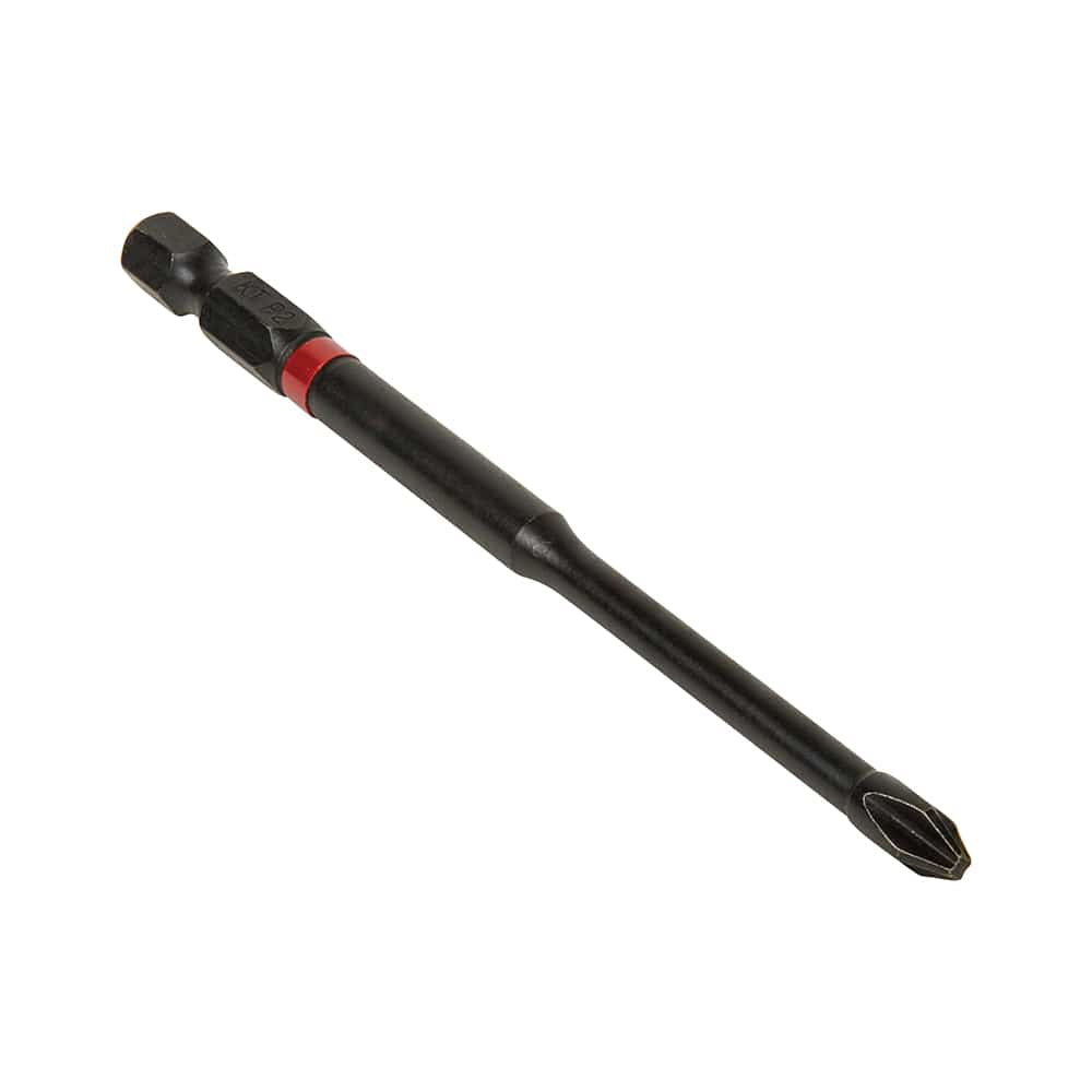 Angled view of a 4-inch #2 Phillips impact driver power bit showing the high-visibility red band and 1/4-inch hex power shank.