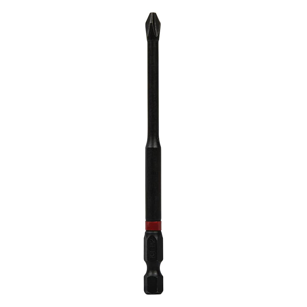 Vertical alignment view of a Klein 4-inch #2 Phillips power bit demonstrating the slim single-piece S2 steel extension shaft.