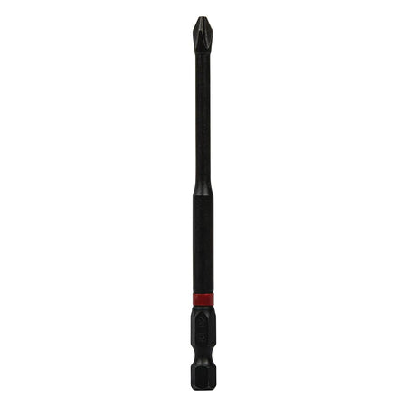 Vertical alignment view of a Klein 4-inch #2 Phillips power bit demonstrating the slim single-piece S2 steel extension shaft.