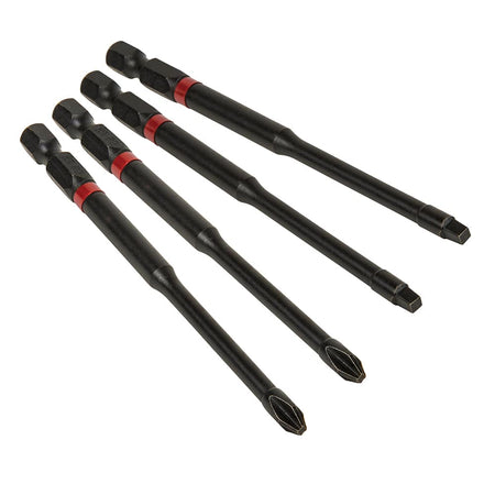 Side profile of four Klein 32795 4-inch S2 steel power bits laying parallel to display tip geometry and 1/4-inch hex shanks.