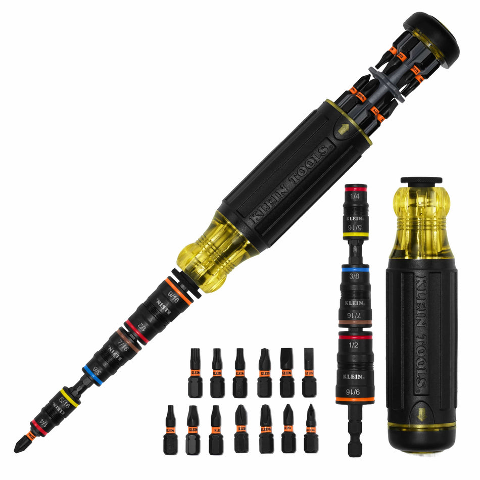 Klein 32303HD 20-in-1 multi-bit driver set showing stacked SAE flip sockets, 13 screwdriver bits, and Cushion-Grip handle with internal bit storage.