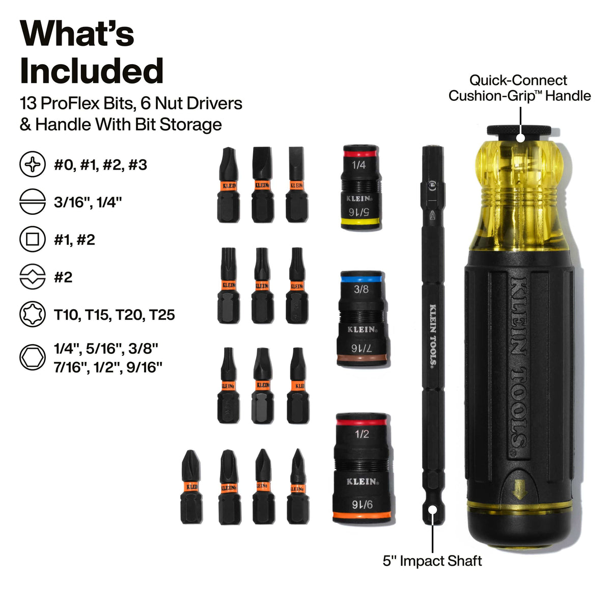 Diagram detailing included set components: 13 ProFlex bits, 6 SAE nut drivers (1/4 to 9/16-inch), 5-inch impact shaft, and Cushion-Grip handle.