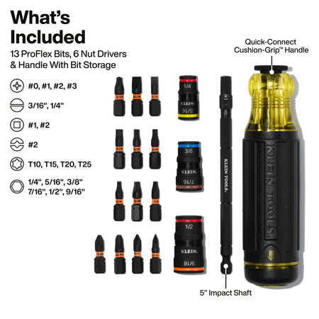 Diagram detailing included set components: 13 ProFlex bits, 6 SAE nut drivers (1/4 to 9/16-inch), 5-inch impact shaft, and Cushion-Grip handle.