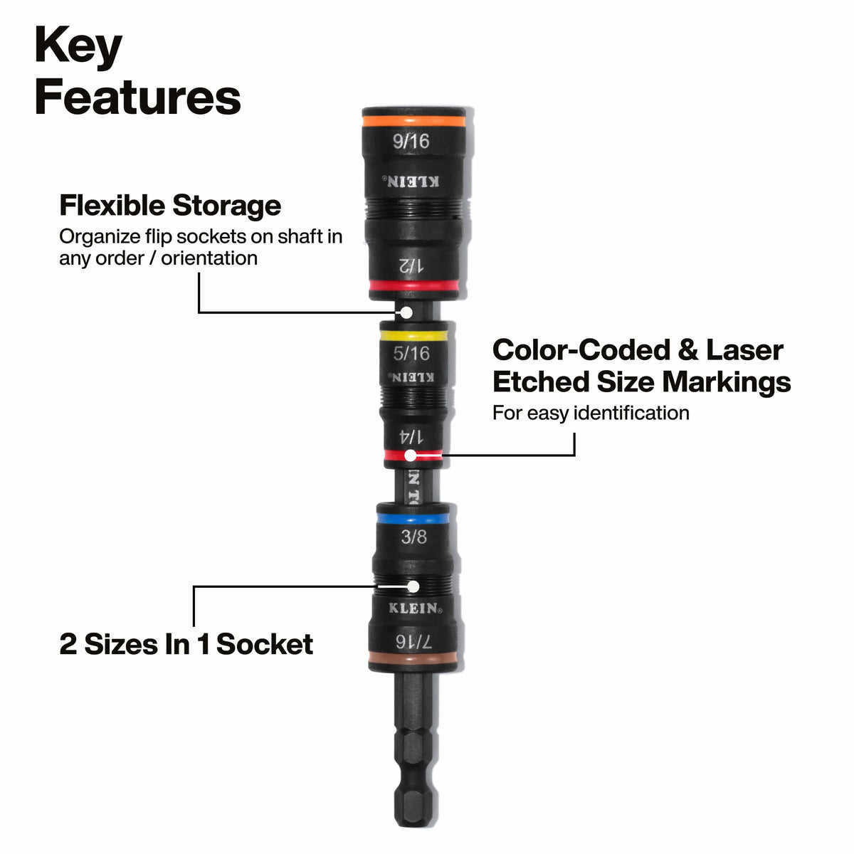 Diagram highlighting 2-in-1 reversible sockets, color-coded size markings, and customizable socket stacking along the 1/4-inch extension shaft.