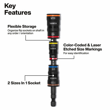 Diagram highlighting 2-in-1 reversible sockets, color-coded size markings, and customizable socket stacking along the 1/4-inch extension shaft.