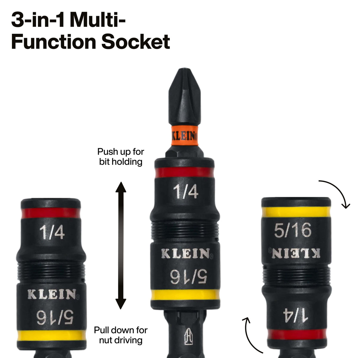 Graphic demonstrating 3-in-1 multi-function socket operation where pushing up holds insert bits and pulling down drives hex nuts.