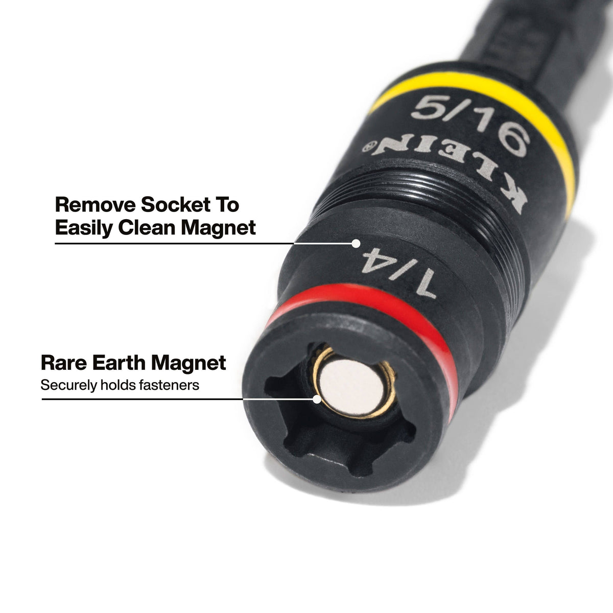 Close-up of 1/4-inch socket opening showing the Rare-Earth magnet that holds steel fasteners and detaches for easy cleaning.
