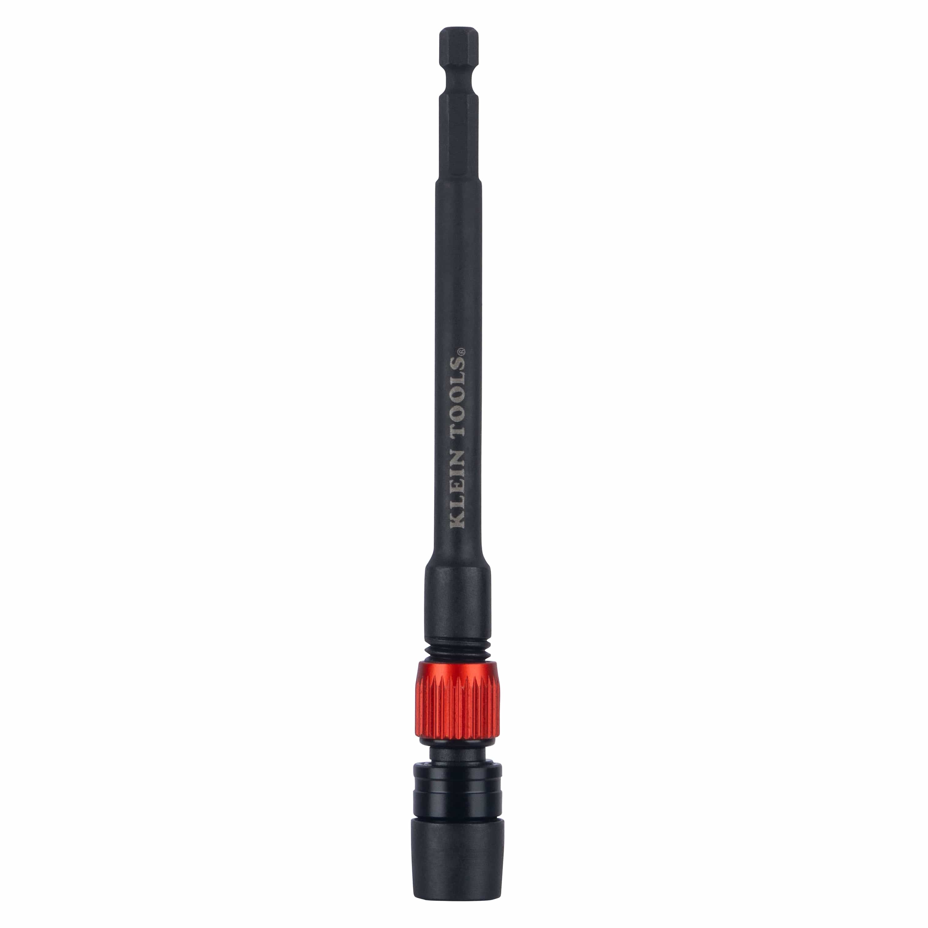 Klein Tools 31088 6-inch dual-lock impact bit extension displaying its 1/4-inch hex power shank, alloy steel shaft, and orange twist-lock collar.