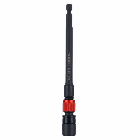 Klein Tools 31088 6-inch dual-lock impact bit extension displaying its 1/4-inch hex power shank, alloy steel shaft, and orange twist-lock collar.