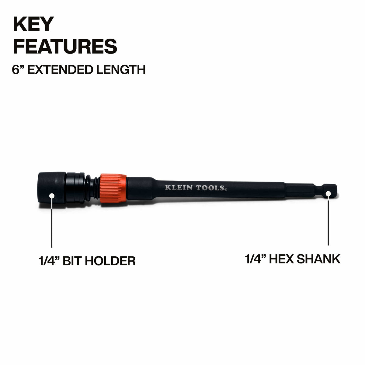 Diagram highlighting key dimensions of the 6-inch Klein 31088 extension, featuring the 1/4-inch bit holder chuck and 1/4-inch hex driver shank.