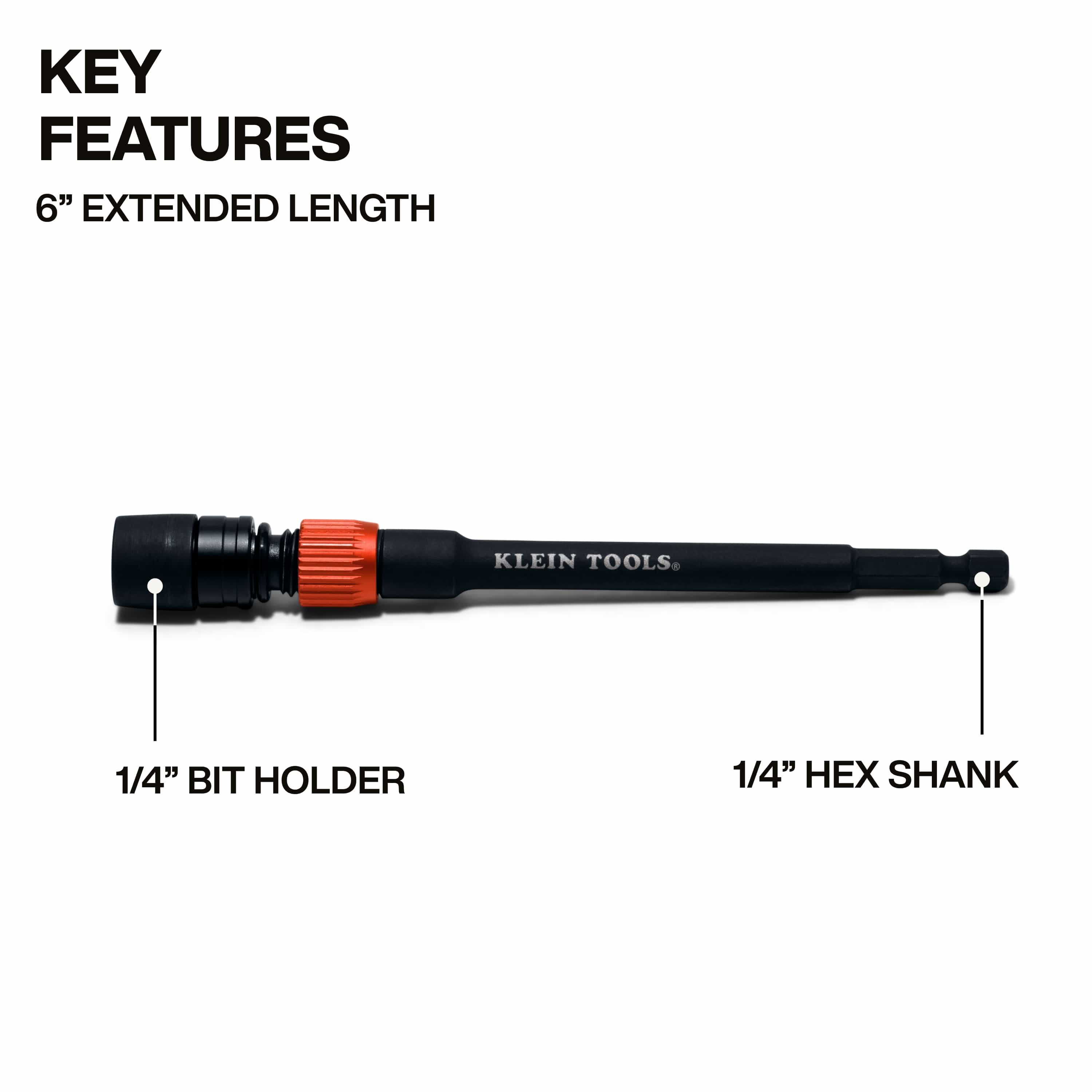 Diagram highlighting key dimensions of the 6-inch Klein 31088 extension, featuring the 1/4-inch bit holder chuck and 1/4-inch hex driver shank.