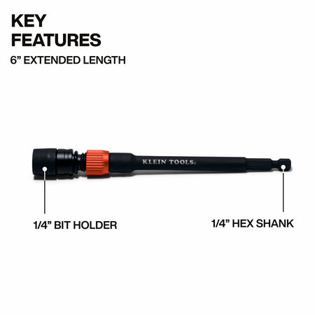 Diagram highlighting key dimensions of the 6-inch Klein 31088 extension, featuring the 1/4-inch bit holder chuck and 1/4-inch hex driver shank.