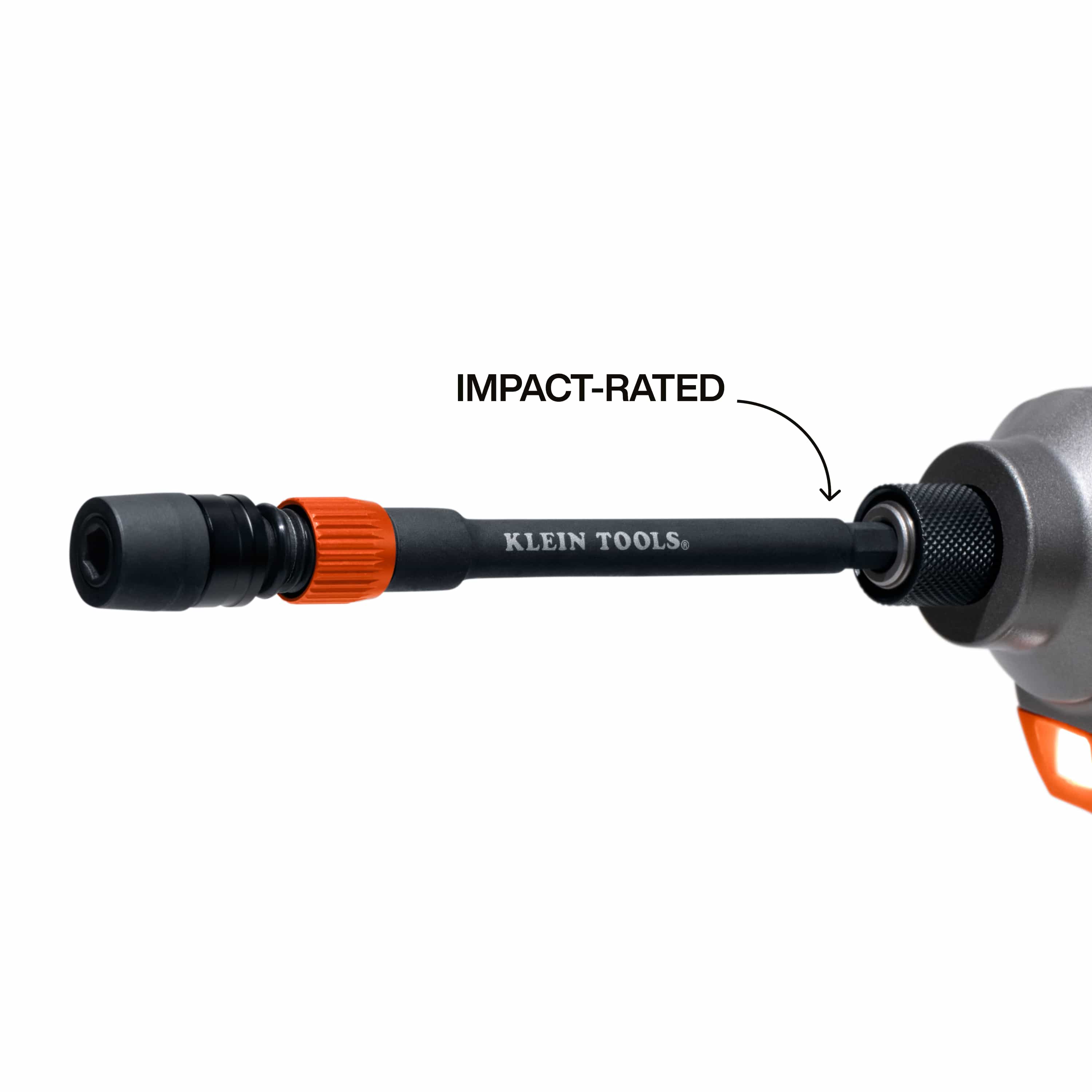 Cordless impact driver fitted with the impact-rated Klein 31088 6-inch dual-lock extension shaft for extended-reach high-torque fastening.