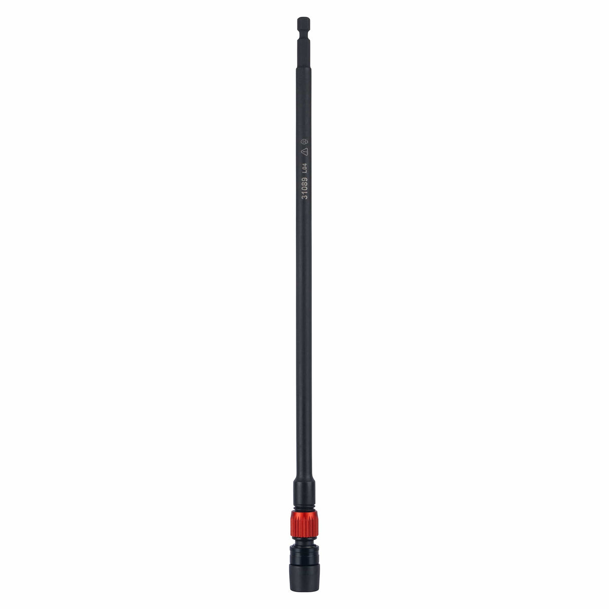 Klein Tools 31089 12-inch dual-lock impact bit extension displaying its extra-long shaft, 1/4-inch hex power shank, and orange twist-lock collar.