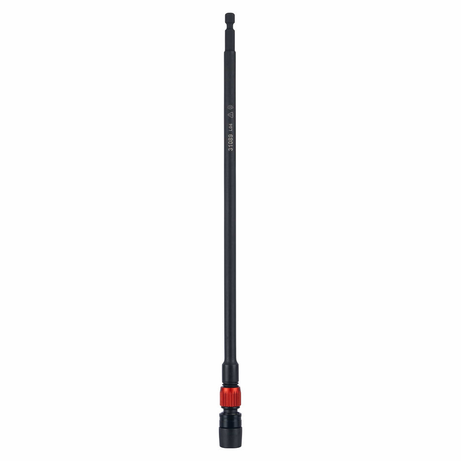 Klein Tools 31089 12-inch dual-lock impact bit extension displaying its extra-long shaft, 1/4-inch hex power shank, and orange twist-lock collar.
